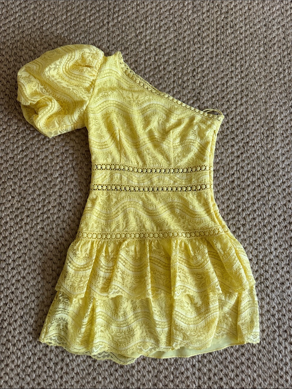 SAYLOR Jordan One Shoulder Lace Puff Sleeve Mini Dress Yellow XS